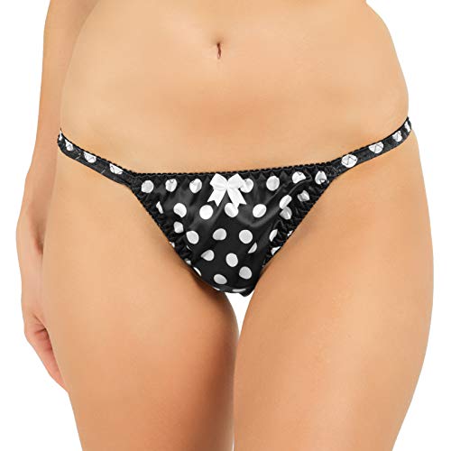 Satini Women's Polkadot Tanga Bikini Briefs Satin Panties (Black Polka Dot, M)