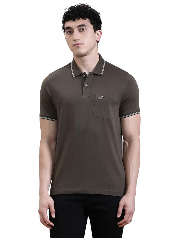Image of CROCODILE Men Solid Slim Fit Polo T-Shirt | Regular Length | Short Sleeve | Button Placket | Casual Knitted Topwear