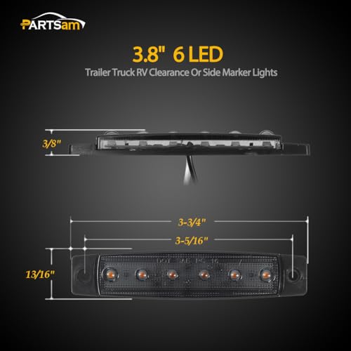 Image of Partsam 5Pcs 3.8 inch Thin Amber 6 LED Side Marker Clearance Lights Indicators for 12V Trucks Trailers Lorry Van Bus Pickup, Smoked Lens, Sealed Waterproof