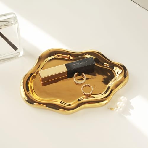 Image of Jewelry Dish Trinket Tray for Women, Ring Dish Holder, Unique Cloud Shape Ceramic Plate Cute Things Vanity Aesthetic Room Decor Mother's Day Birthday (Gold)