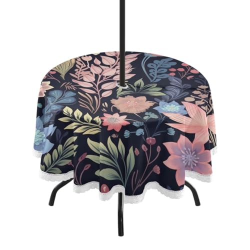 Bulletgxll Blue and Pink Flowers 60 Inch Outdoor Round Tablecloth Waterproof Wrinkle Resistant Table Cover with Umbrella Hole and Zipper for Dining Garden Party Picnic Camping