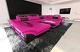 Wohnlandschaft Enzo U Form Sofa Leder- mit LED Beleuchtung, verstellbare Kopfstützen, Recamiere/Lederfarben wählbar/Ausrichtung Ottomane wählbar (Ottomane Links, Pink-Schwarz)