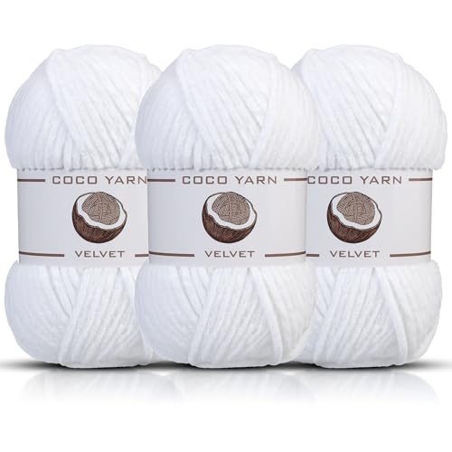 Velvet Yarn for Crocheting – CocoYarn - Chenille Chunky Yarn for Hand Knitting, Fluffy Soft Plush Amigurum Bulky Baby Blanket Yarn for Crochet 100g -131yds (3, White-01)