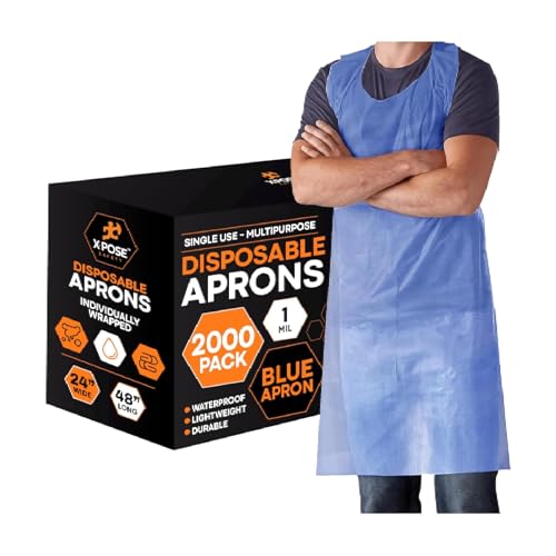 Image of Xpose Safety 2000 Pack Blue Plastic Disposable Bulk Aprons, Individually Wrapped Waterproof Polyethylene Aprons for Cooking, Food Service & Cleaning, 1 Mil, 24 inch x 48 inch