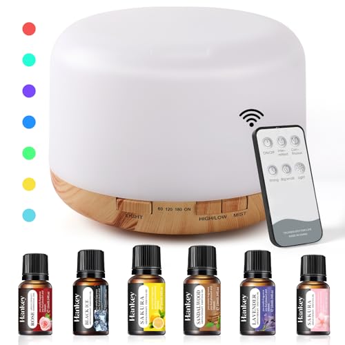 Lista de Difusores de aceite perfumado más recomendados. 41 LEKOU Difusor De Aromas 500ML, Humidificador De Aire Orientable 7 Colores Luz Led, Difusor De Aceites Esenciales Contiene 6 Botellas De Aceites Esenciales, Aromaterapia para La...