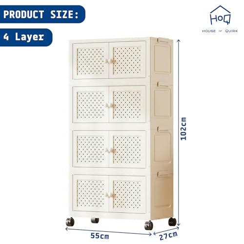 Image of House of Quirk Rattan Design Foldable Storage Box with Wheels, Stackable Storage Bins with Lid, Multi-Purpose Organizer, Space-Saving Storage Cabinet for Home (White, 4 Layer)