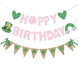 FHGG Pink Glitter St Patricks Birthday Banner Decorations St Patrick's Day Party Green Shamrock Triangle Pennant for Home Happy Birthday Party Decorations Lucky One 1st