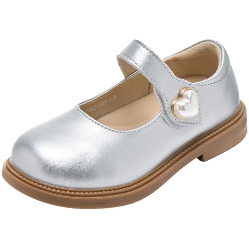 WUIWUIYU Girls School Uniform Dress Shoes Round-Toe Formal School Soft Mary Jane Shoes Heart-Shape Diamond Strap Flats
