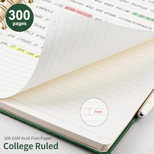 EMSHOI A4 Spiral Notebook College Ruled, 300 Numbered Pages Leather Hardcover Lined Journal with Ruler, PVC Pocket, Pen Holder & Bookmark, for Women Men Work School Writing, 8.27"x11.2", Dark Green