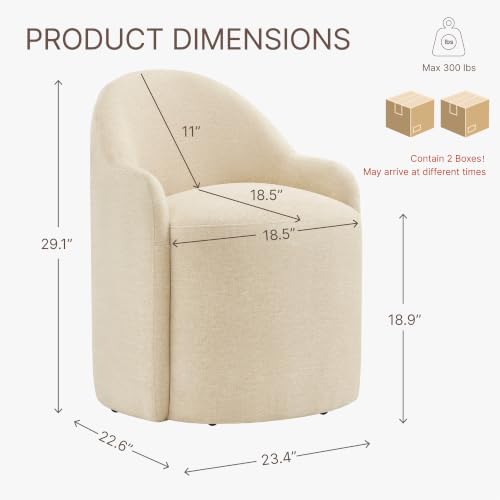 Image of KISLOT Upholstered Dining Chairs with Casters, No Assembly Modern Dining Room Chairs Accent Vanity Chair with 5 Wheels & Round Backrest for Bedroom, Living Room, Dressing, Sand Fabric, Set of 2