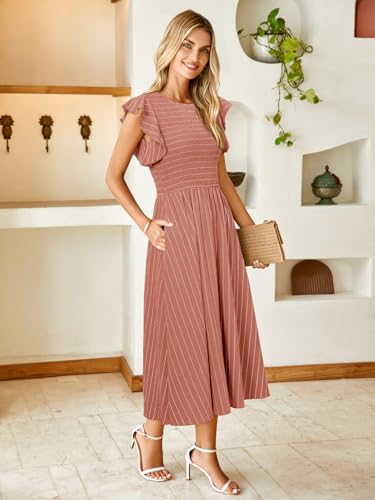 Image of Simplee Womens Striped Midi Summer Dress Linen Smocked Flutter Short Sleeve Dress Flowy Casual Dress with Pockets