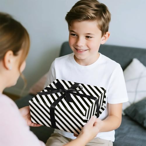 WRAPAHOLIC Reversible Wrapping Paper - Mini Roll - 17 Inch x 33 Feet - Black and Stripes Design for Christmas, Birthday, Holiday, Wedding, Baby Shower