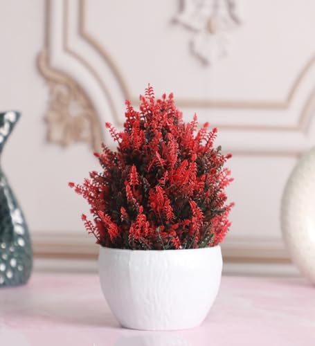 Image of Foliyaj Artificial Red Thick Bush Plant in White Pot | Faux Plants for Home Decor | Decorative Items for Living Room | Fake Plants for Decoration | 15 cm x 15 cm x 24 cm