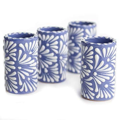 Image of Talavera Shot Glasses Set of 4 Authentic Mexican Tequila Shot Glasses - Hand-painted - 2 Oz (White Brushstroke Blue Background)