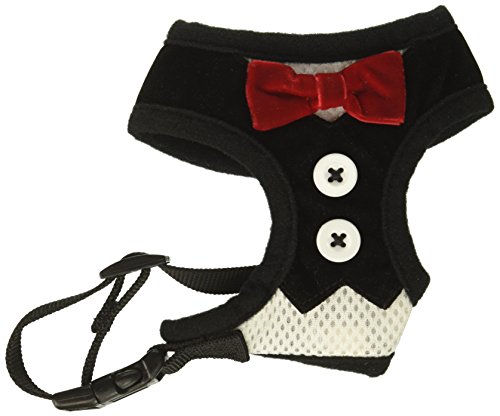 BINGPET Velvet Red Bowtie Gentleman Suit Boy Dog Tuxedo Harness Vest for Dogs with Handle Extra Small