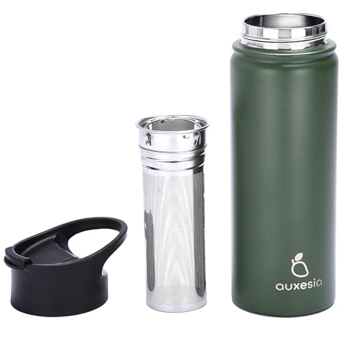Auxesia Fruit Infuser Water Bottle - Metal Steel Insulated Tumbler with Infuser Insert - Flavor Infusion of Loose Leaf Tea - Travel Bottles for Hot & Cold Drinks - Infused Water for Women (Dark Green)