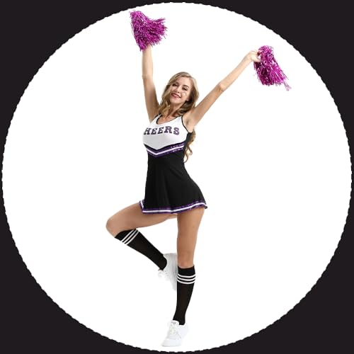 PASLFC Cheerleader Kostüm Damen für Erwachsene,Cheerleading outfit,Cheerleadering Outfit,High school musical cheerleader kostüm,Cheerleader Pompoms für Karneval Party Cosplay Fasching Halloween