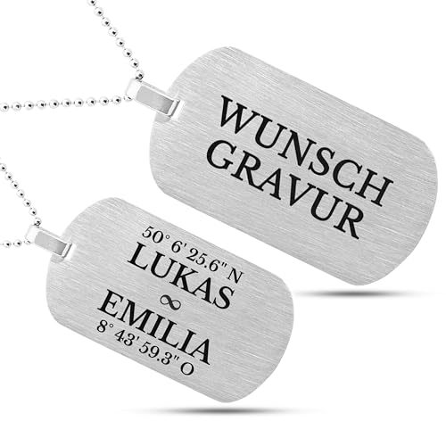 Mister Boncuk® MiliChain Premium Dog Tag kette aus Edelstahl - Herren Halskette mit Gravur - Militär kette Personalisiert - Kette mit Namen (Waagerecht - Silber Matt Gebürstet)