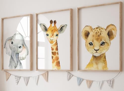 Eviepops Prints Animales del Safari Set de 3 Láminas Sin Marco para Habitación de Niño o Niña, Pósters de Arte de Pared para Decoración de Dormitorio, Elefante Jirafa León (A3)