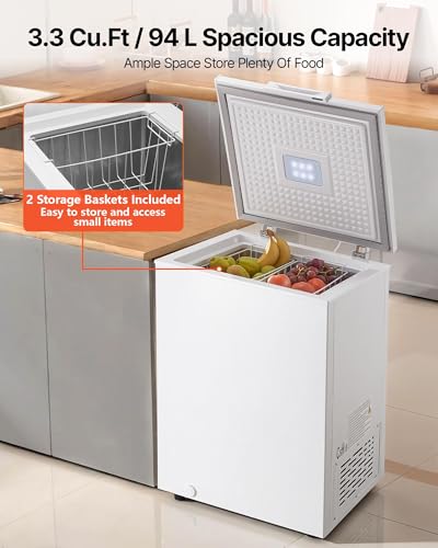 Image of VEVOR Chest Freezer, 3.3 Cu.ft Compact Deep Freezer, Free Standing Top Open Door Chest Freezers with 2 Removable Baskets & Adjustable Thermostat - Energy Saving, Low Noise & Garage Ready, White