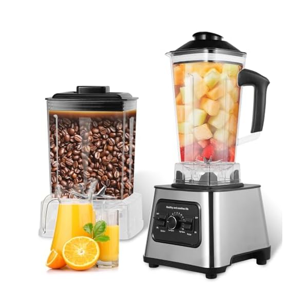 2 in 1 frullatore professionale 2,5 l, 6000 W, frullatore frullatore, macinino da caffè, 9 velocità, elettrico spremiagrumi con 4 lame in acciaio inox, per frullati, ghiaccio tritato, purea salsa