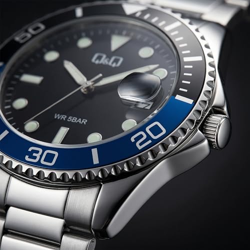 Image of Q&Q Men's Analog Stainless Steel Watch | Black Dial with Date Window | Non-Rotating batgirl Bezel | Silver Stainless Steel Strap | 50M Water Resistant | Stylish Casual & Formal Wrist Watch for Men - A49A-002PY