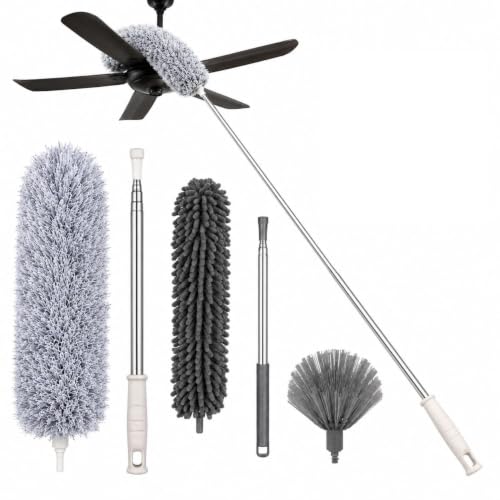 Image of DecorTwist Ceiling Fan Cleaning Duster, Extendable Long Handle Cobweb Brush | Washable microfiber 3-in-2 kit, Extendable long handle. No ladder. For fan blades, cobwebs, lights, blinds & high corners.