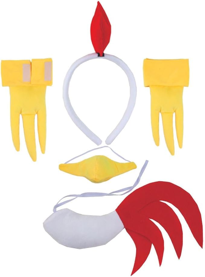 Chicken Costume 5PC White Rooster Chicken Costume Accessories Fuzzy Chicken Headband Tail Beak Nose Mask Farm Halloween Animal Costume Dress up White and Red Rooster Mask Cock Cosplay Props Outfit