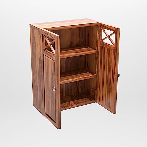 Image of Solid Sheesham Wood Kitchen Cabinet for Home | Wall Mounted Kitchen Rack with Storage | Wooden Organizer with 2 Door Cabinet Storage Honey Finish