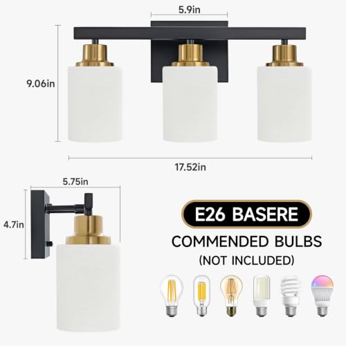 Image of 3-Light Vanity Lights Black and Gold Bathroom Light Fixtures 17in | White Frosted Ribbed Glass Shade Modern Black Vanity Lights Bathroom Lighting Fixtures over Mirror Wall Sconces E26 Base