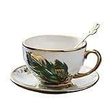 Jimiruigro Golden Handle Ceramic Tea Cups, Vintage Feather Pattern Espresso Coffee Mug Set with Saucer & Spoon, 7.74 Oz, Style 1
