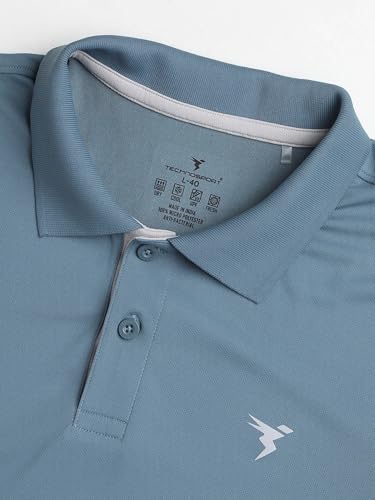 Image of TECHNOSPORT Men's Solid Slim Fit Polo Collar T-Shirt TECHNOCOOL+ Half Sleeve Button Polyester for Gym Running Workout UPF50+ Anti Odour