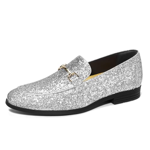 HEEZ Mens Slip On Dress Loafers,Tuxedo Shoes for Men with Sparkle Sequin Upper, Comfortable Formal Dress Shoes for Wedding Prom Party Dance Silver