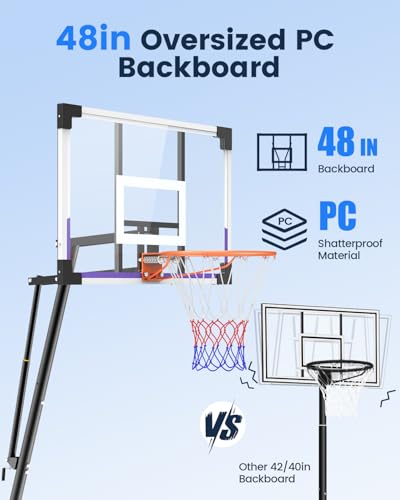Image of Yohood Basketball Hoop Outdoor Portable 44 /48 Inch Backboard, 10ft Quickly Adjustable Basketball Goal System with Wheels for Court /Backyard /Driveway