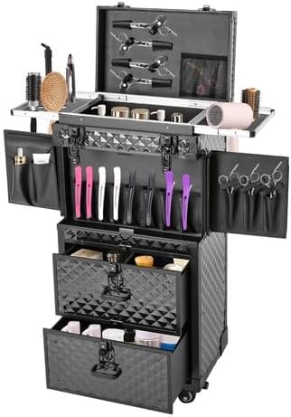 4-in-1 Rolling Makeup Case on Wheels with Drawer, Multi-functional Lockable Cosmetic Train Case Large Trolley Storage Case, Beauty Salon Cosmetic Luggage, Cosmetic Organizers for Hairstylist (Black)