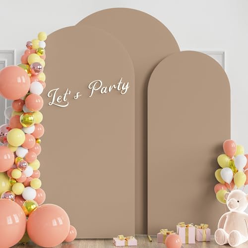 Image of Wokceer Wedding Arch Backdrop Cover 7.2FT, 6.6FT, 6FT Set of 3 Spandex Fitted Nude Brown Arch Covers for Round Top Chiara Backdrop Stands Cover for Birthday Party Ceremony Decor