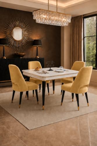 Image of WOODEN SPACE 4 Seater Wooden Dining Table Set | Urban Marble Top Dining Table with Chairs for Dining Room & Kitchen (Modern Vintage Yellow) (42 x 42 x 30 inch)