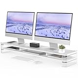 Fenge Acrylic Monitor Stand Riser, Clear Dual Acrylic Computer Monitor Stand for 2 Monitors, 2 Tier Wood Office Desk Storage Organizer for Laptop, Computer, TV Stand