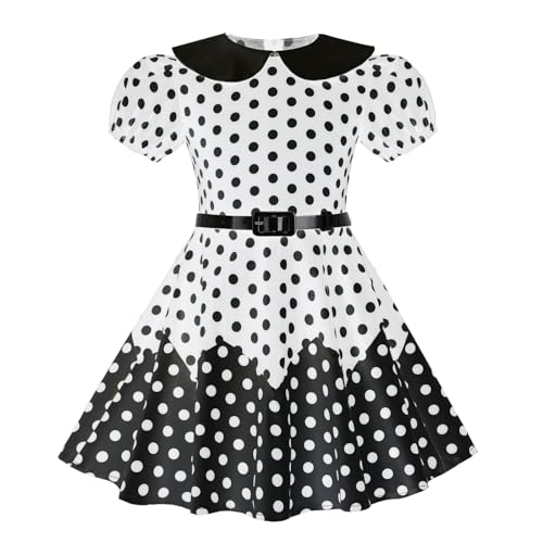 Adorable Girls' Polka Dot Party Dress Puff Sleeve Summer Dresses with Collar and Belt Special Occasions Dresses