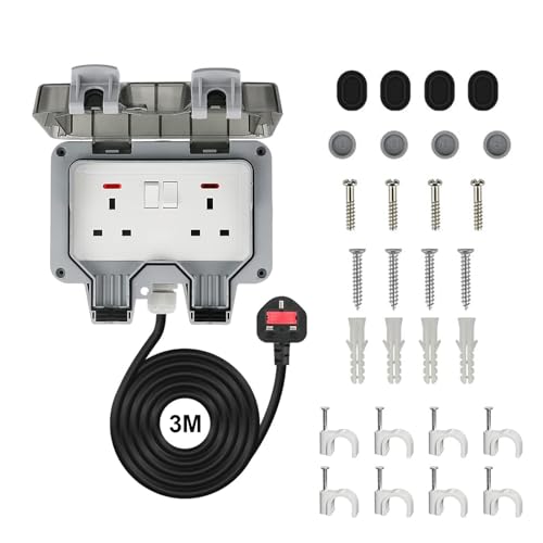Bkiyougo Double Socket, outdoor sockets waterproof IP66 with 3M Extension Lead, Weatherproof Outdoor Plug Sockets, Exterior Wall Garden, 2 Gang Storm Switched Socket Outside Power Socket