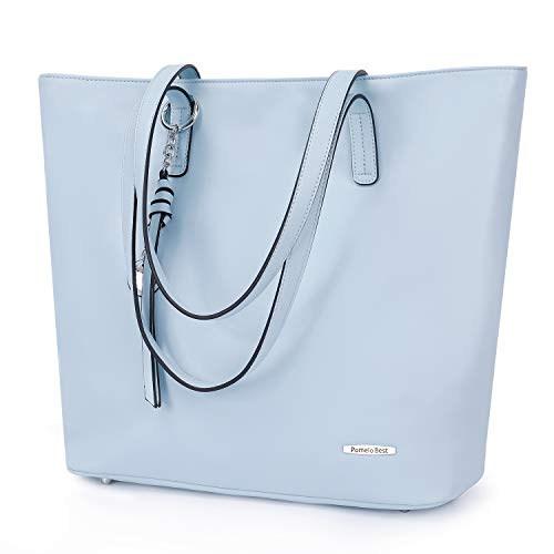 Soft Faux Leather Tote for Women with Large Zipper Compartment, Light Blue, Large