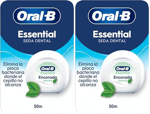 Oral-B Essential Floss Hilo Dental Encerado para Espacios Reducidos, 50 m - Seda Dental Resistente al Desgaste, Elimina La Placa, Sabor a Menta, Cinta Dental con Cera (Paquete de 2)