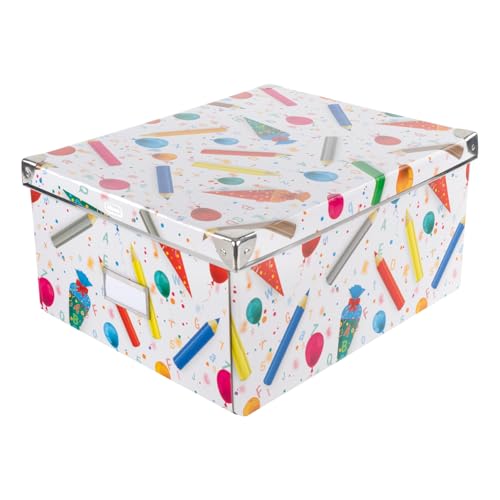 Idena 20225 - Boîte de Rangement avec Couvercle, Motif école, env. 35 x 28 x 17 cm, Panier de Rangement en Carton Rigide avec Bords renforcés en métal,...