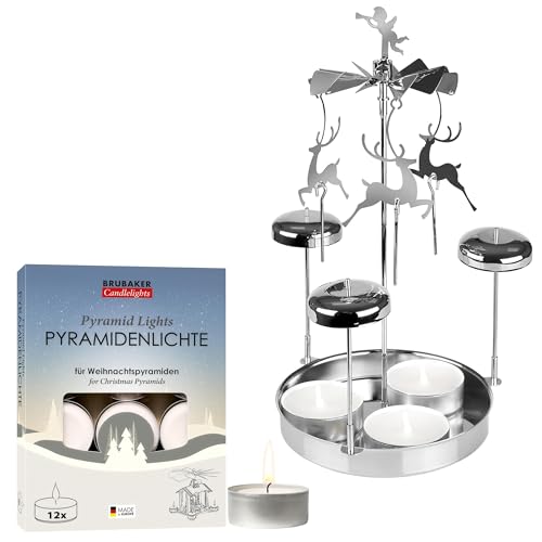 BRUBAKER Carillon Lumineux avec 12 Bougies Pyramidales - Bougeoir Métallique, Argenté - Décoration de Noël Vintage - Carrousel Illuminé - Plateforme Rotative pour Chandelles