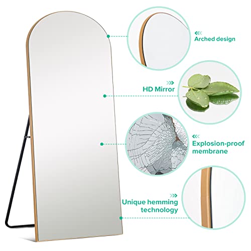 Image of PexFix, 71''x32'' Arched Wall Mirror with Stand, Contemporary Home Mirror, Gold Wood Frame, Full Length, Shatterproof, Wall Mount