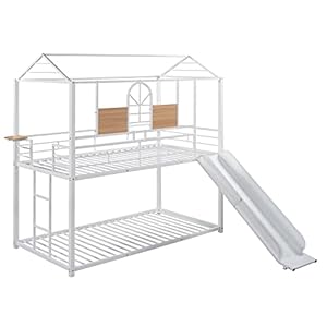 Metal Bunk Bed, Twin Over Twin House Bunk Bed Frame with Slide, Full-Length Guardrail and Roof, for Kids Toddlers Girls Boys, (White+White Slide) Metal Bunk Bed Twin Over Twin House Bunk Bed Frame with Slide Full Length Guardrail and Roof for Kids Toddlers Girls Boys WhiteWhite Slide