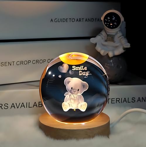 Image of 3D Crystal Ball Night Light with Wooden Base, Aesthetic Clear LED Lamp for Home and Bedroom Touch Switch, Warm Light for Kids and Teens Perfect Birthday & Anniversary (Teddy Lamp)