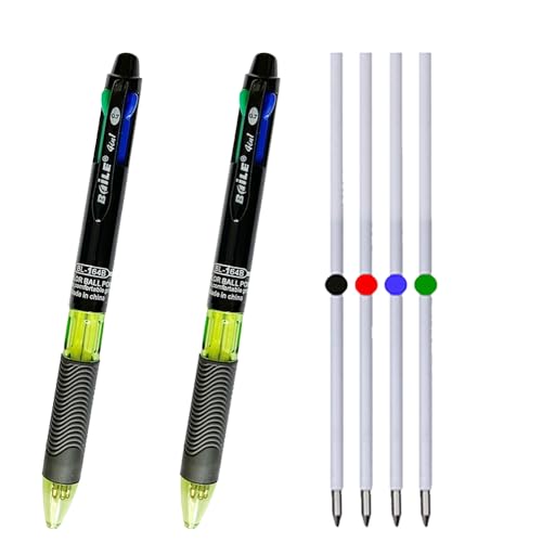 JOMPENS 4-in-1 Multifunctional Ballpoint Pen Set, 2 Pack Retractable 4-Color Ballpoint Pens (Black/Red/Blue/Green) with 4 Refills, Smooth Writing Pen for Office, Daily Planning,0.7mm (Yellow)