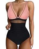 SUUKSESS Women Slimming Tummy Control One Piece Swimsuits Sexy Mesh High Waisted Monokini Bathing Suits (Pink Black, S)