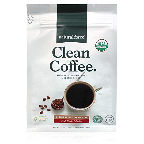 Natural Force Organic, Mold Free Clean Coffee  Low Acid, Whole Bean, Rainforest Alliance Certified Medium Roast - Great Taste + Aroma - Tested for Toxins and Powered by Purity - 12 Ounce Bag